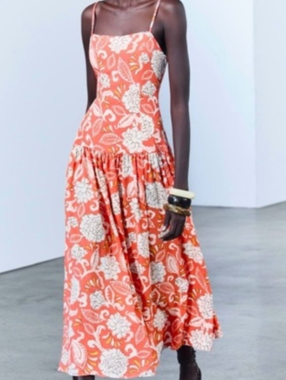 NWOT Zara Floral Spaghetti-Strap Maxi Dress in Coral Size Small